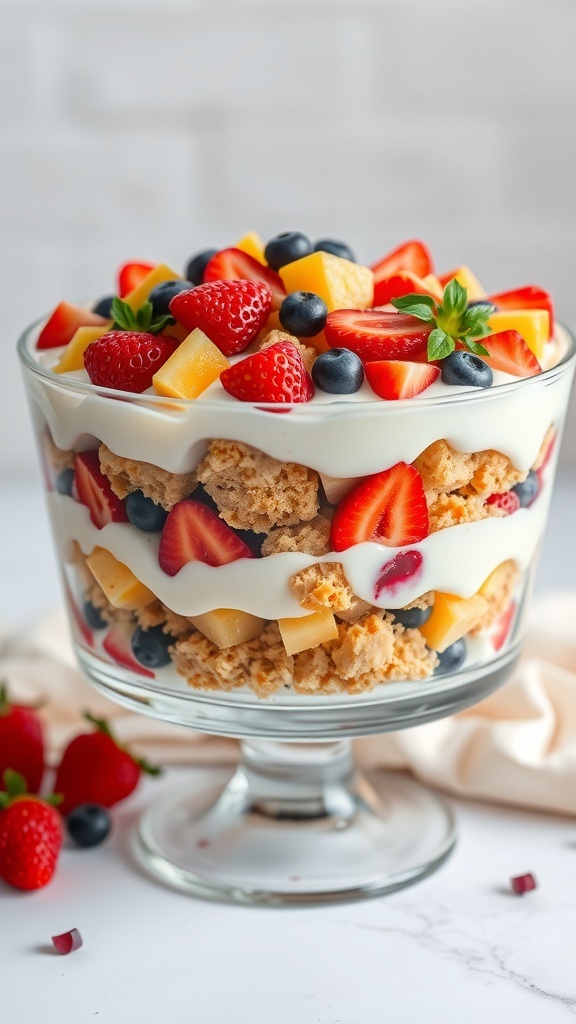 A colorful trifle with layers of strawberries, blueberries, mango, whipped cream, and pound cake.