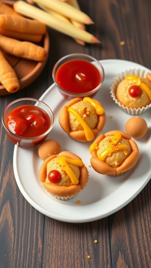 Mini corn dog muffins served with ketchup and mustard