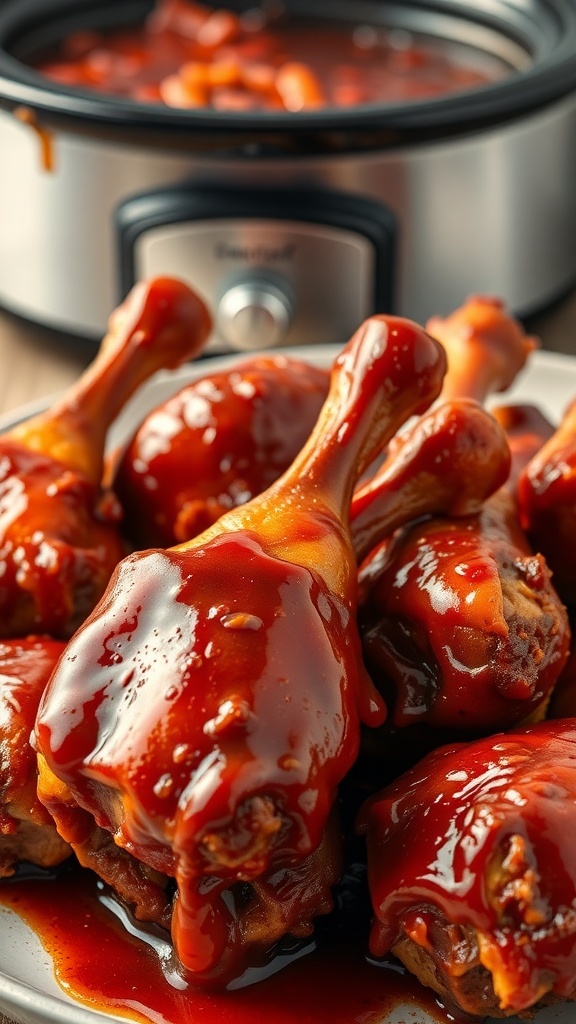 A plate of BBQ chicken drumsticks with a slow cooker in the background.