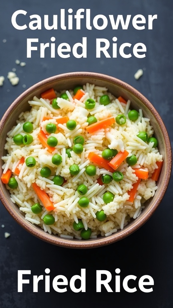A bowl of cauliflower fried rice with peas and carrots