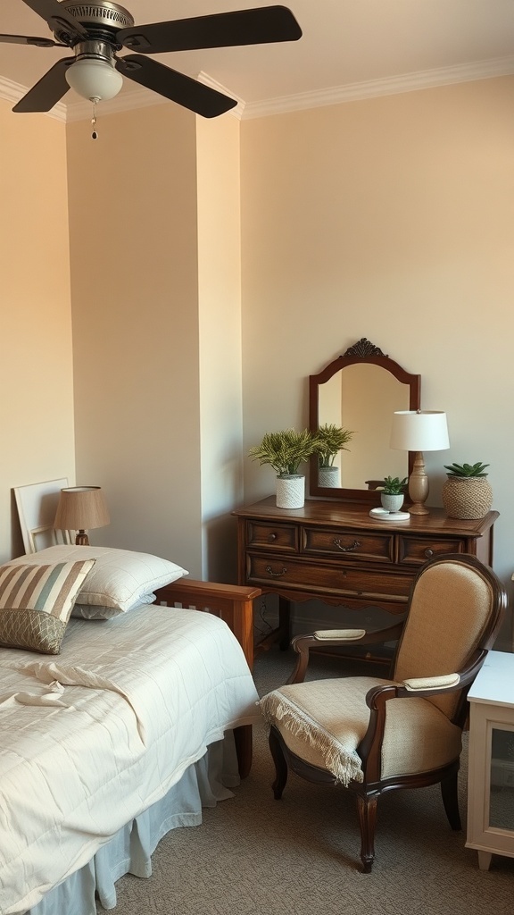 A cozy bedroom featuring a wooden dresser, an armchair, and a bed with simple decor.