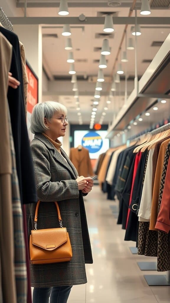 A woman with gray hair and glasses browsing clothing racks in a store.