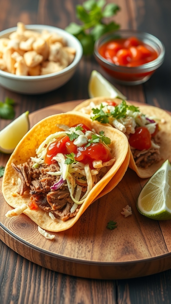 Delicious pulled pork tacos with toppings on a wooden platter