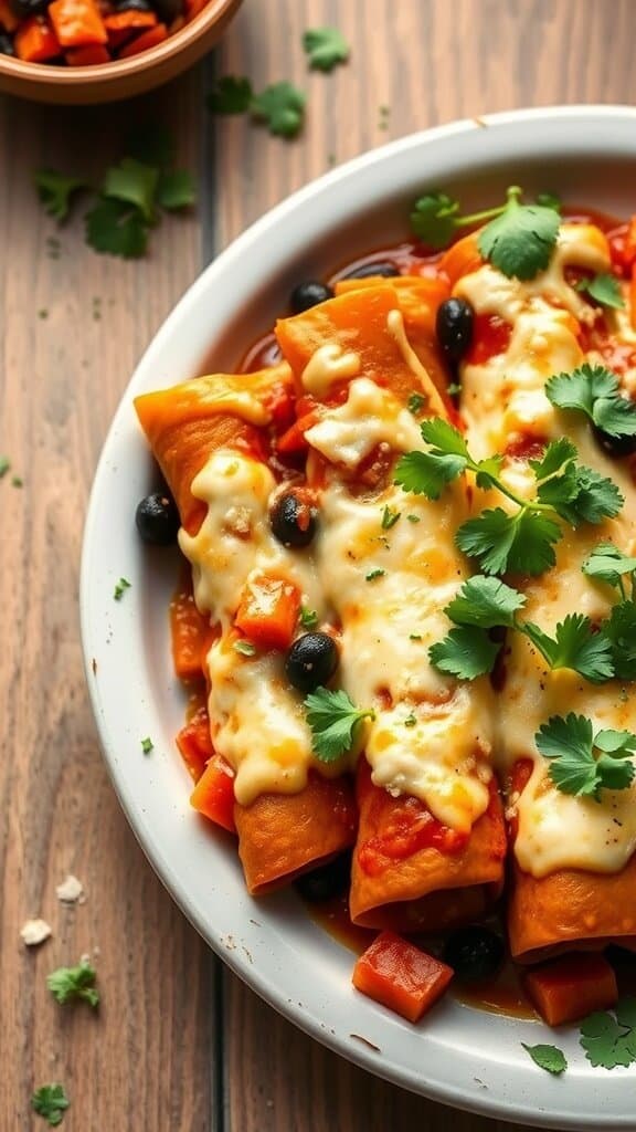 A plate of sweet potato and black bean enchiladas topped with cheese and cilantro.