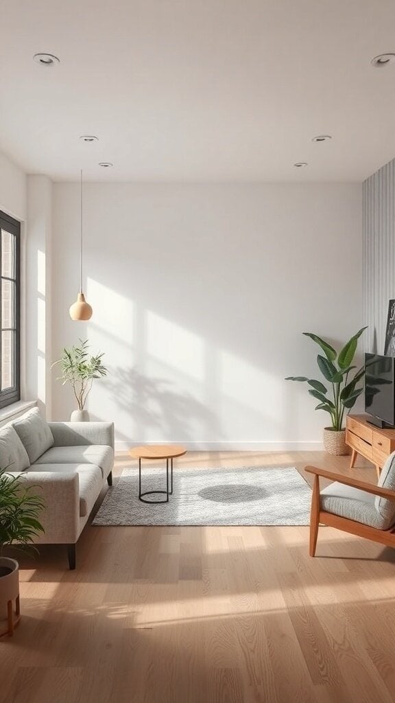 A cozy living room featuring a modern sofa, a small coffee table, and plants, showcasing a mix of styles.