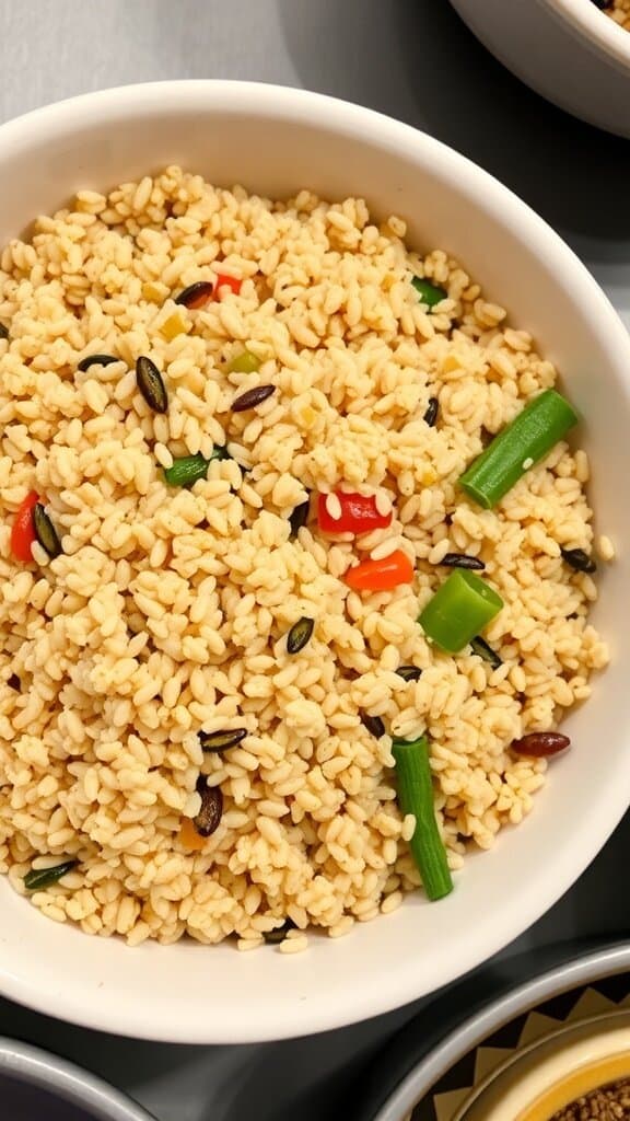 A bowl of unseasoned quinoa mixed with diced bell peppers and green onions.