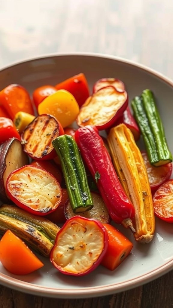 A plate of colorful unseasoned grilled vegetables including bell peppers, zucchini, and asparagus.