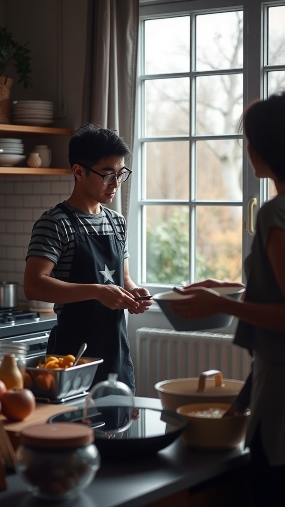 A man in an apron cooking in a kitchen while a woman hands him a bowl.