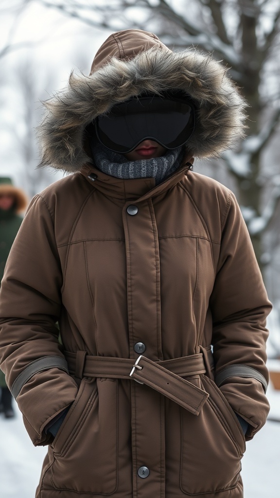 A person in a brown winter coat with a fur-lined hood, standing in a snowy landscape.