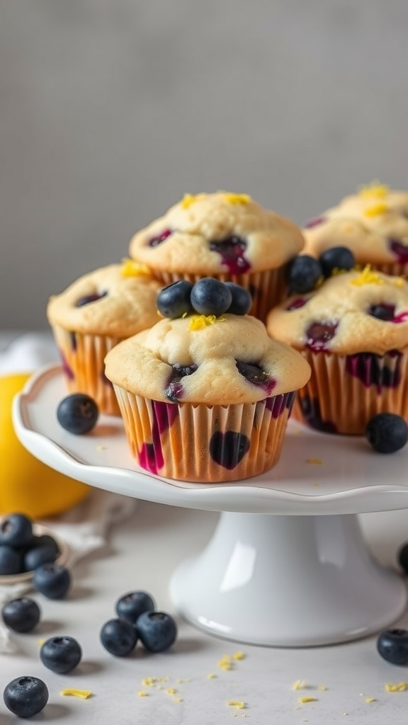 Lemon blueberry muffins on a white cake stand with fresh blueberries and lemon zest.