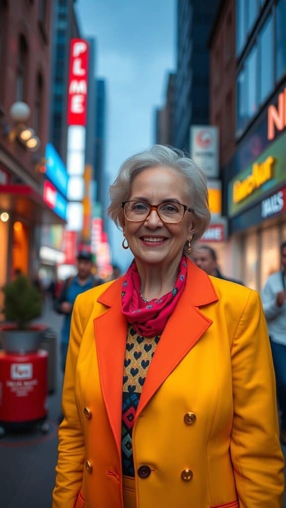 A stylish older woman wearing a bright yellow blazer and colorful scarf, smiling confidently in a vibrant urban setting.