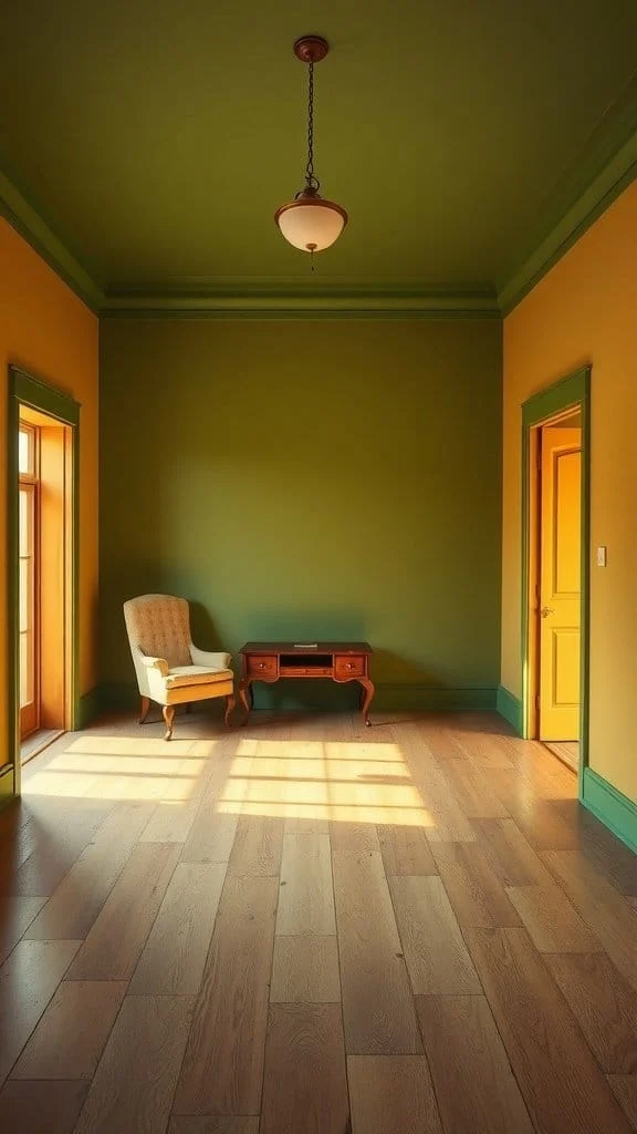 A room with green walls and yellow trim, featuring a chair and a small table.