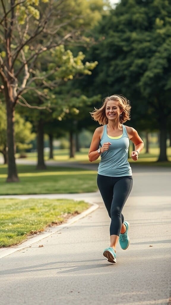 A woman jogging in a park, smiling and enjoying her exercise routine.