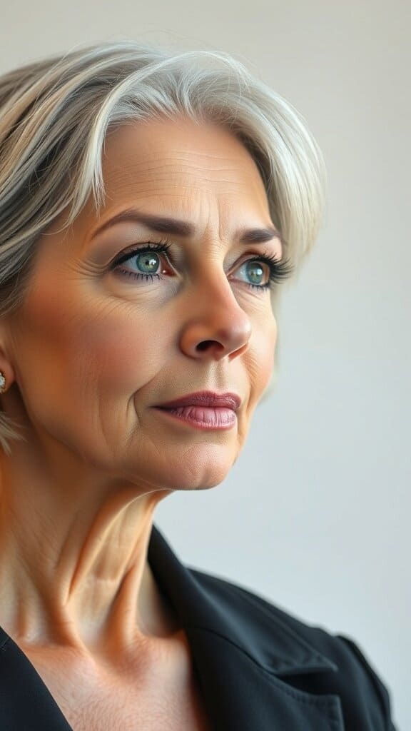 A woman over 50 with lightly defined lashes, showcasing a subtle and classy makeup look.