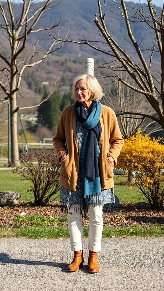 A woman over 50 wearing a tan cardigan, patterned dress, blue scarf, cream pants, and brown ankle boots, standing outdoors.