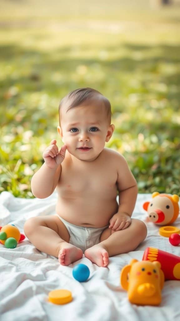 A baby sitting up independently on a blanket with colorful toys around.