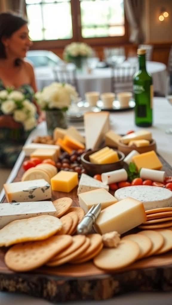 A cheese platter featuring various types of cheese, crackers, and garnishes, with a wedding setting in the background.