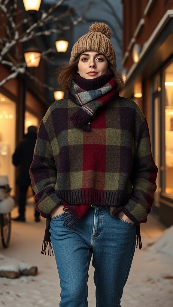 A woman in a plaid sweater and jeans standing in a snowy street, looking cozy yet casual.