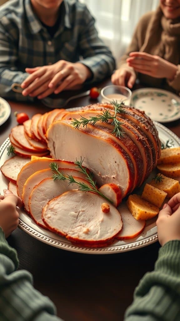 A platter of sliced holiday ham garnished with herbs, with family members reaching for it.