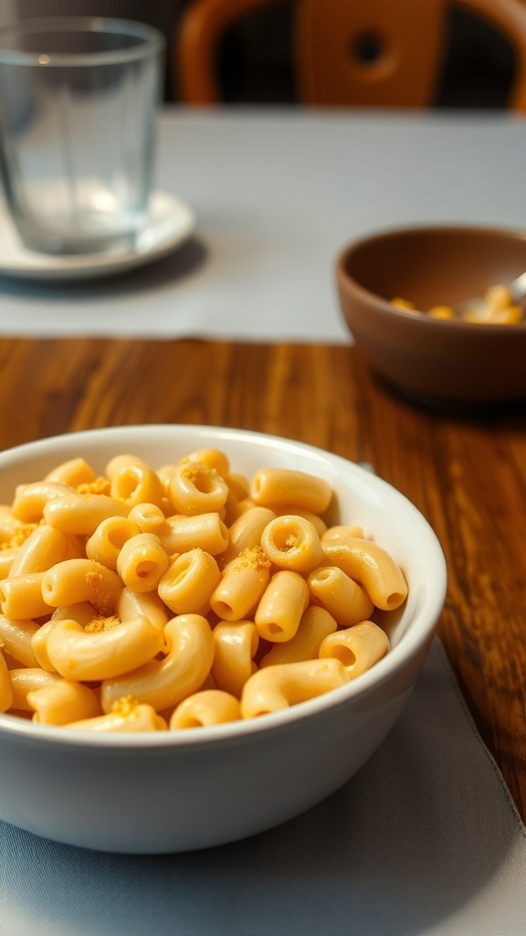 A bowl of bland macaroni and cheese on a wooden table.