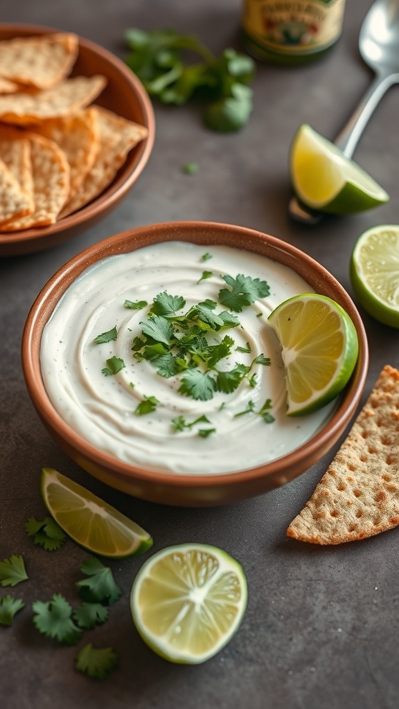 A bowl of flat cilantro lime dip garnished with cilantro and lime slices, surrounded by chips and fresh lime.