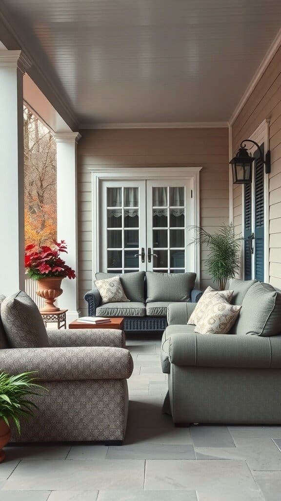 A front porch with overstuffed furniture, including large sofas and a coffee table, surrounded by plants.