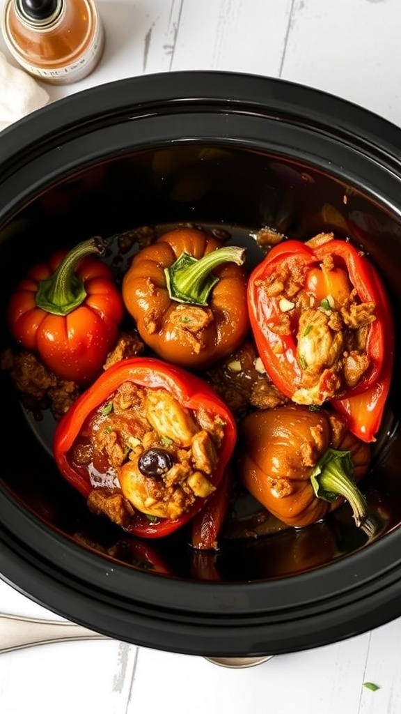 A slow cooker filled with stuffed peppers, showcasing a colorful but potentially bland dish.