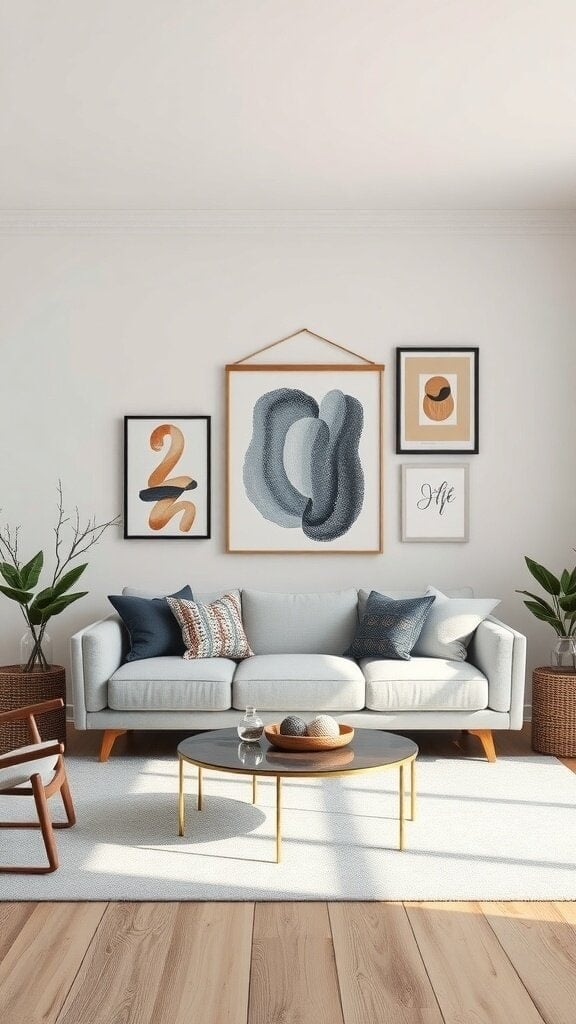 A cozy living room featuring modern wall art with abstract designs and inspirational quotes.