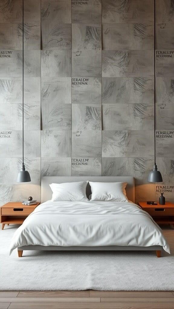 A modern bedroom featuring textured wall panels behind the bed, with a white duvet and wooden nightstands.