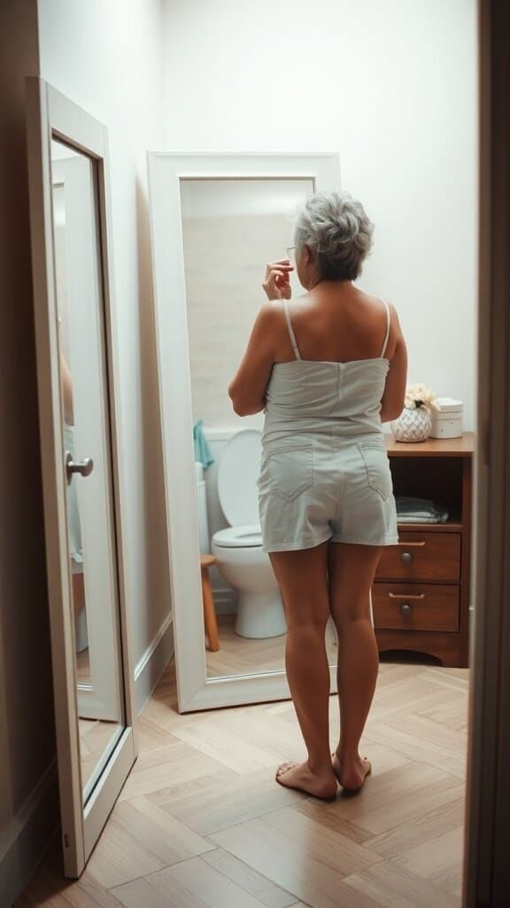 A woman looking at herself in a mirror while wearing a casual outfit.