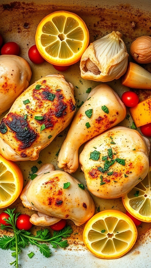 One-Pan Lemon Garlic Chicken with lemon slices, cherry tomatoes, and garlic cloves
