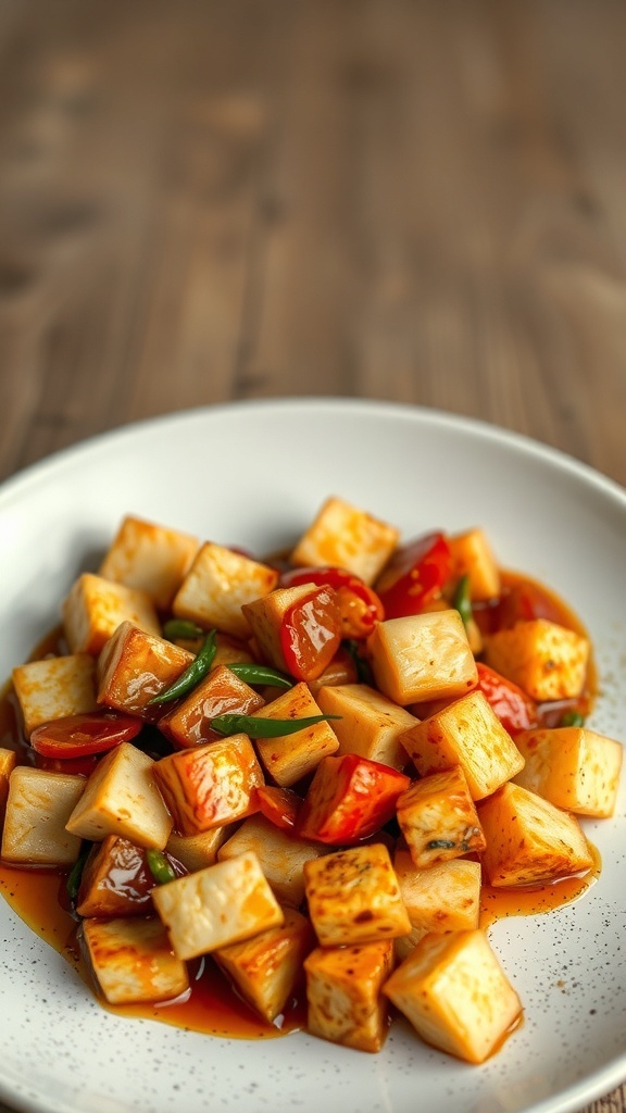 A plate of dry tofu stir-fry with colorful vegetables.