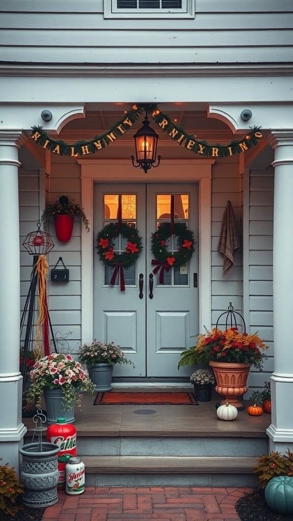 A decorated front porch with wreaths, potted plants, and seasonal decorations.