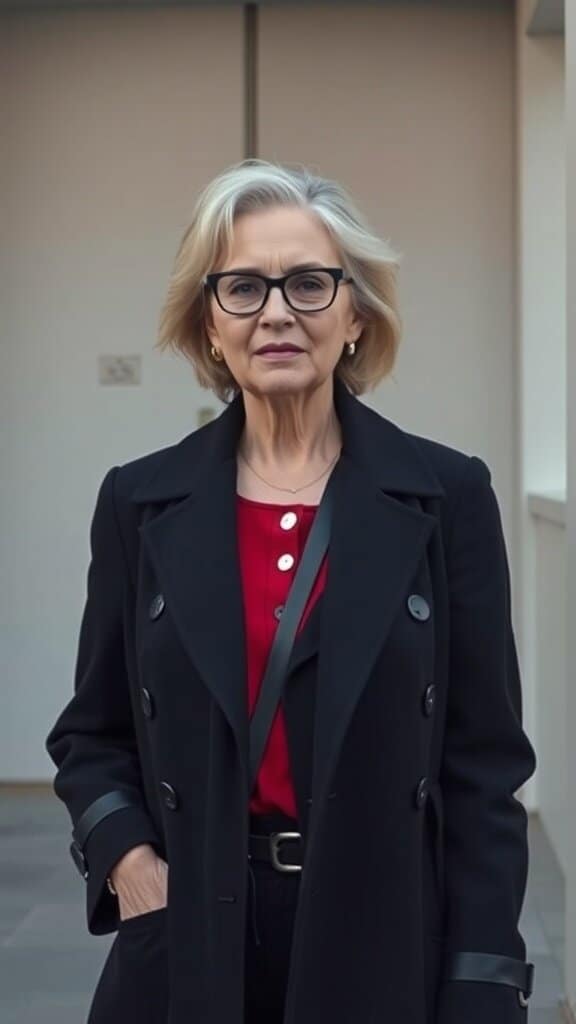 A mature woman in a black coat and red top, showcasing a sophisticated style.