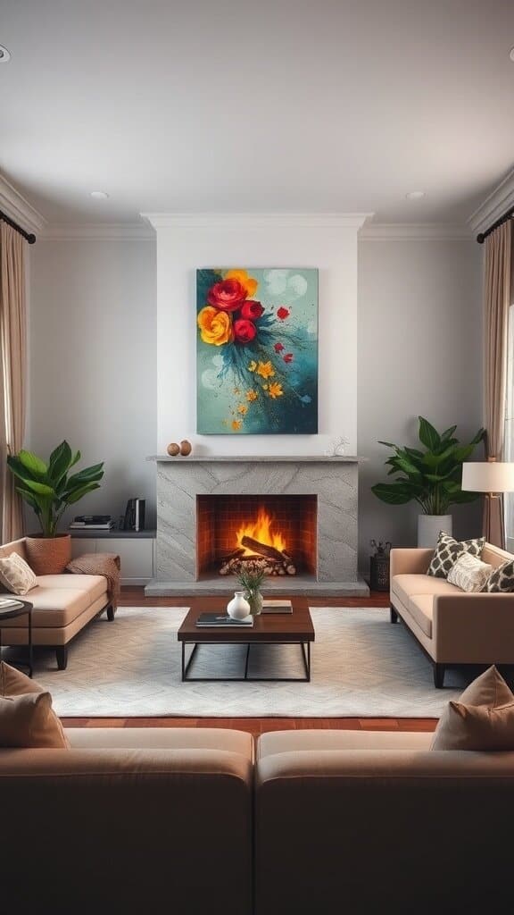 A cozy living room with a fireplace and a vibrant floral painting above it.