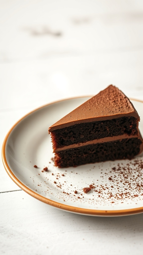 A slice of chocolate cake on a plate, showcasing its rich layers and frosting.