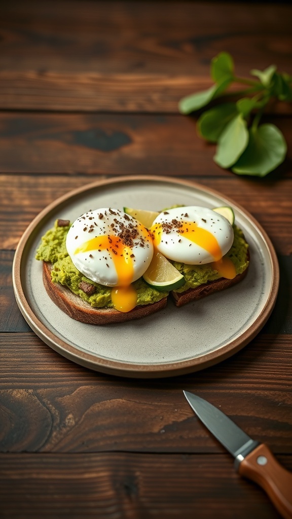 Smashed avocado toast topped with poached eggs on a plate
