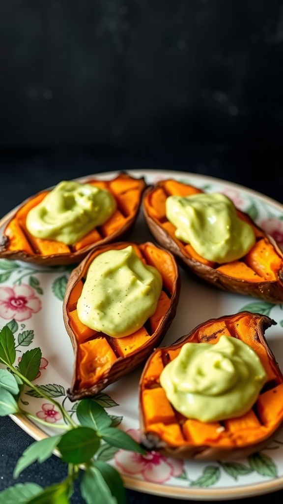 Sweet potato bites topped with avocado cream on a floral plate.