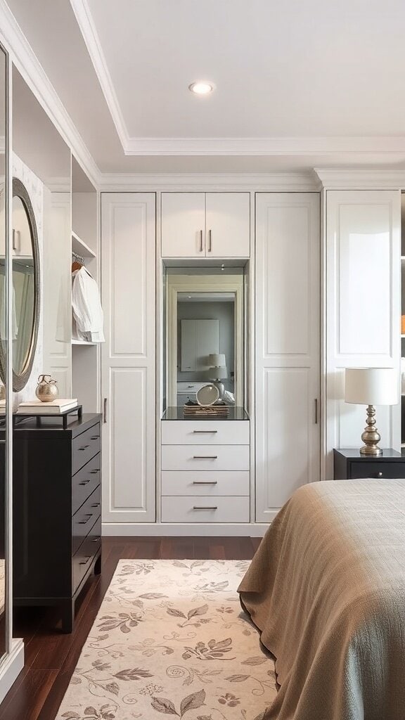 Luxury walk-in wardrobe with sleek cabinetry and mirrored doors