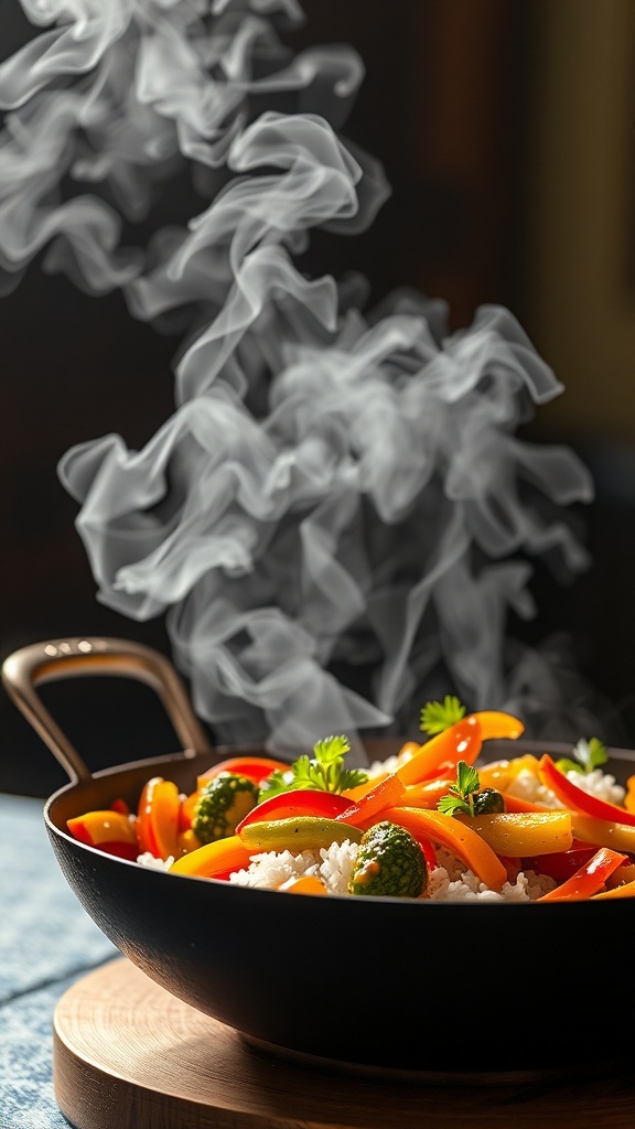 A colorful veggie stir-fry with bell peppers and broccoli on rice, steaming in a pan.