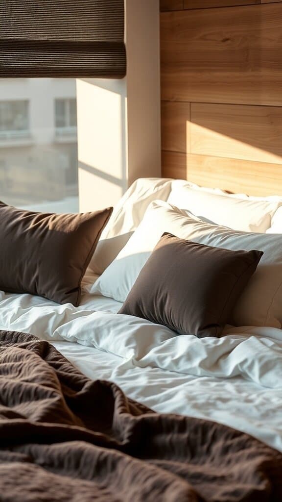 Cozy bed with soft pillows and a warm blanket