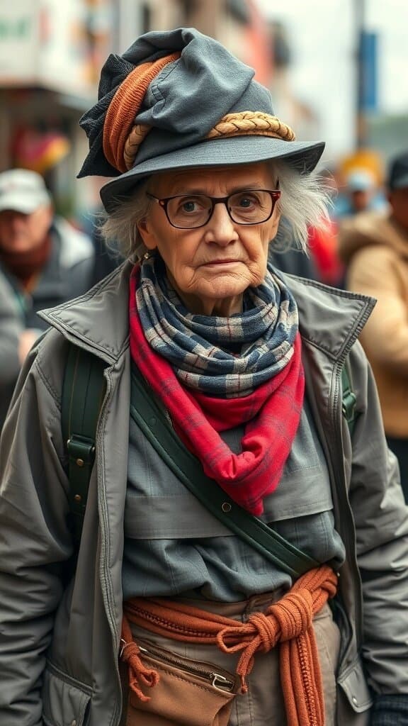 An elderly woman wearing excessive layers, including a bulky jacket, a scarf, and a hat, standing in a busy street.