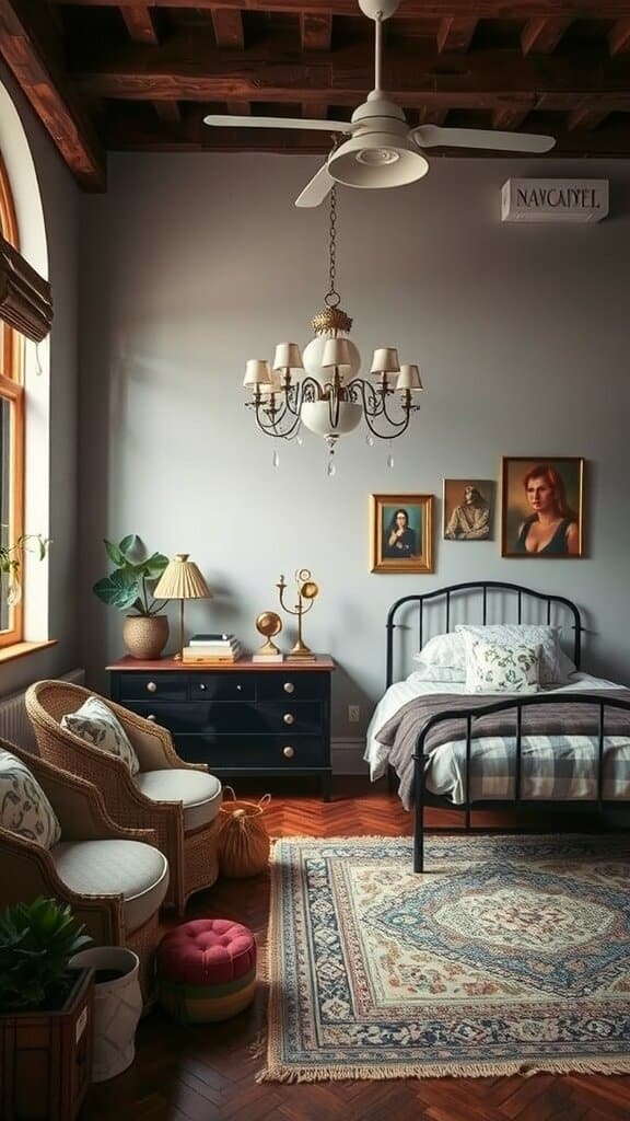 A cozy bedroom featuring a vintage modern mashup style with a metal bed frame, woven chairs, and elegant chandelier.