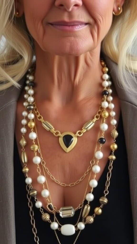 A close-up of layered gold necklaces worn by a woman, featuring a star pendant and various chain styles.