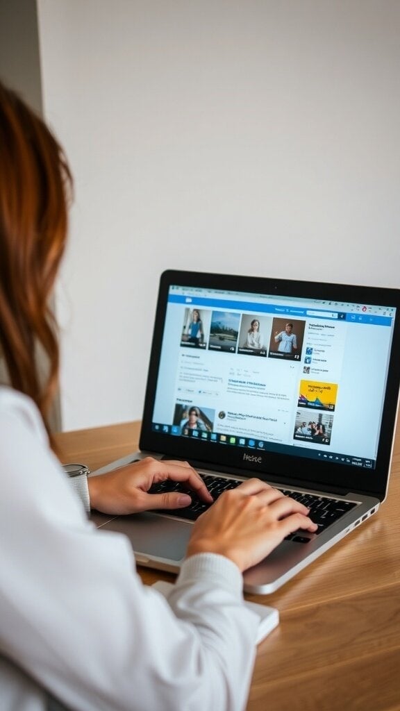 A person typing on a laptop, engaging with their online profile.