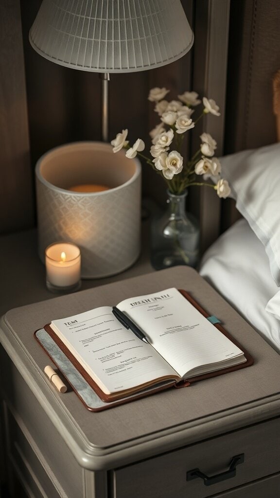 A bedside table with a notebook, pen, candle, and flowers, creating a cozy dream journal station.