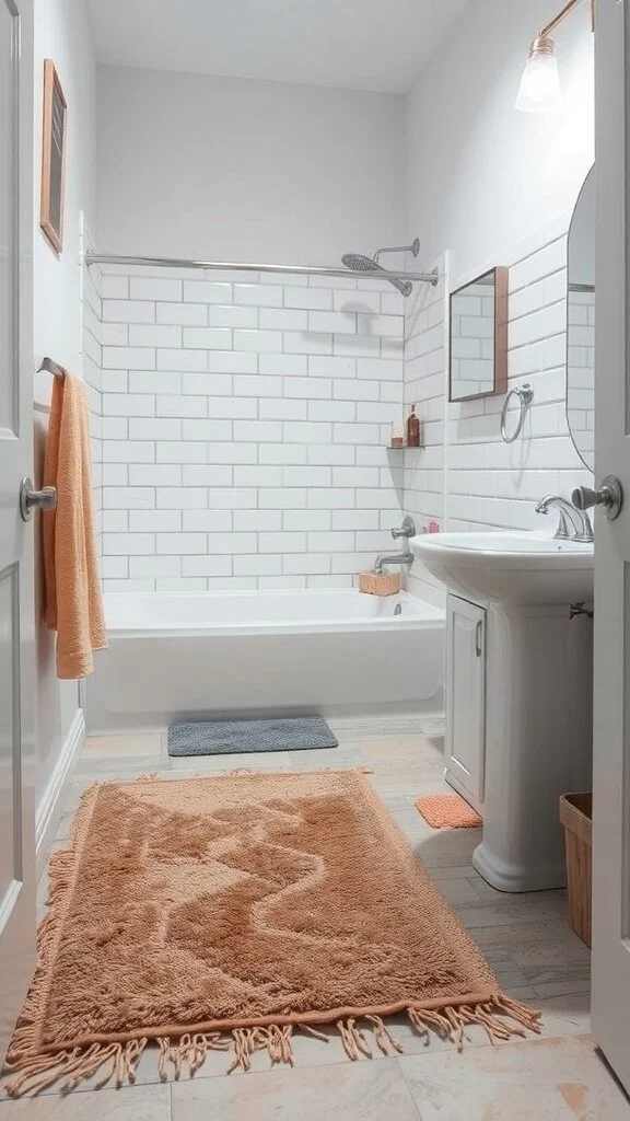 A bathroom featuring a plush rug, bathtub, and modern decor.
