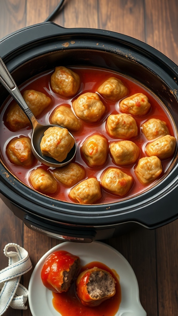 A slow cooker filled with rubbery meatballs in sauce, some meatballs are on a plate with sauce.