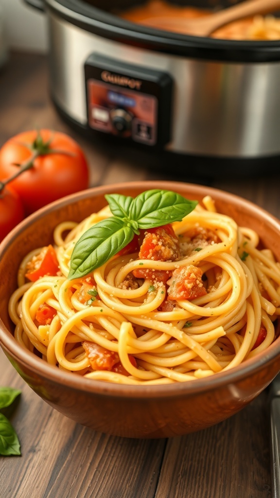 A bowl of creamy tomato basil pasta with fresh basil on top, tomatoes in the background, and a crockpot.