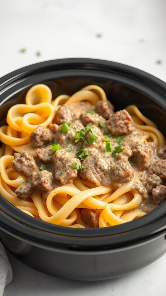 A bowl of beef stroganoff with egg noodles, featuring tender beef in a creamy sauce, garnished with chopped parsley.